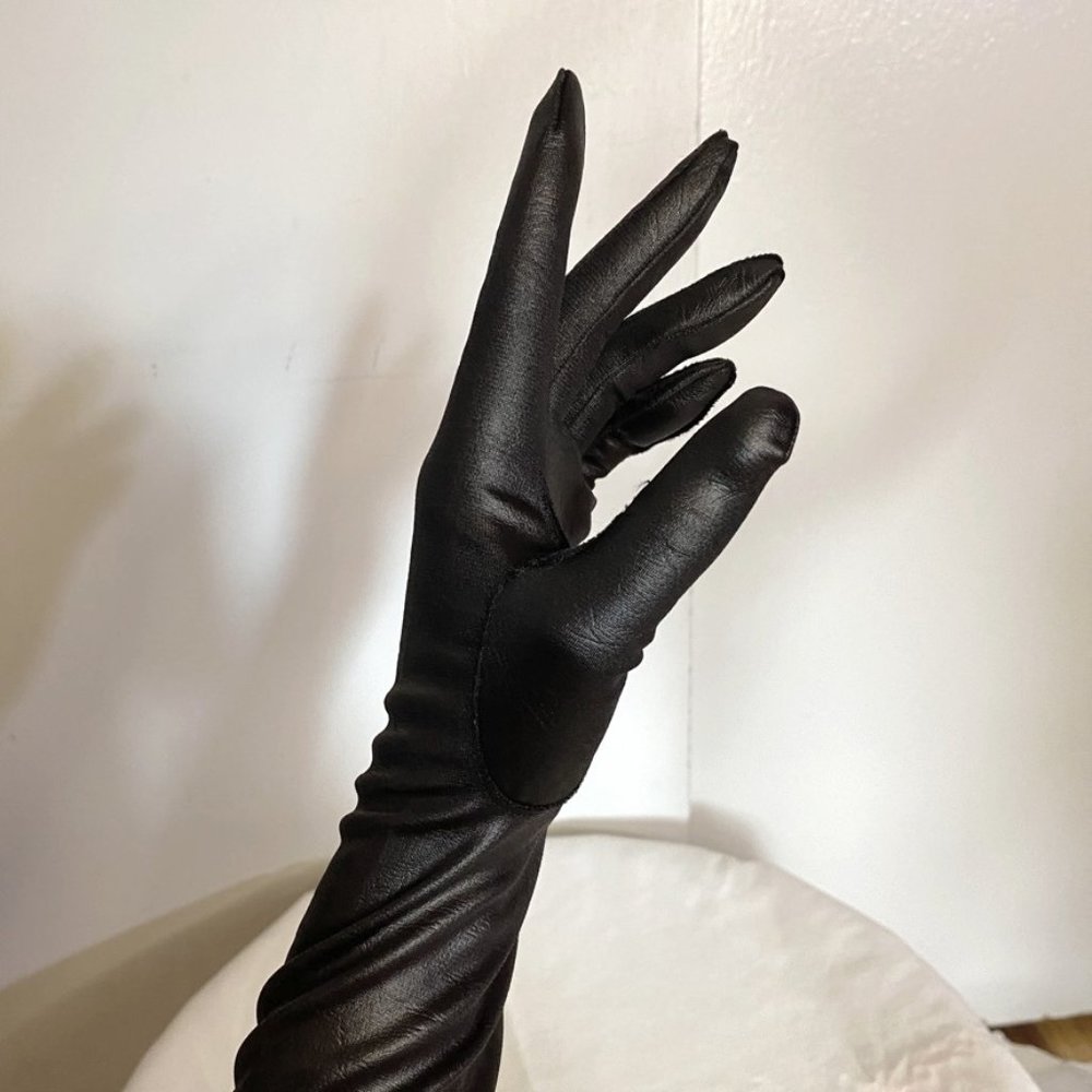 Vintage Polyester Long Black Gloves Size- S